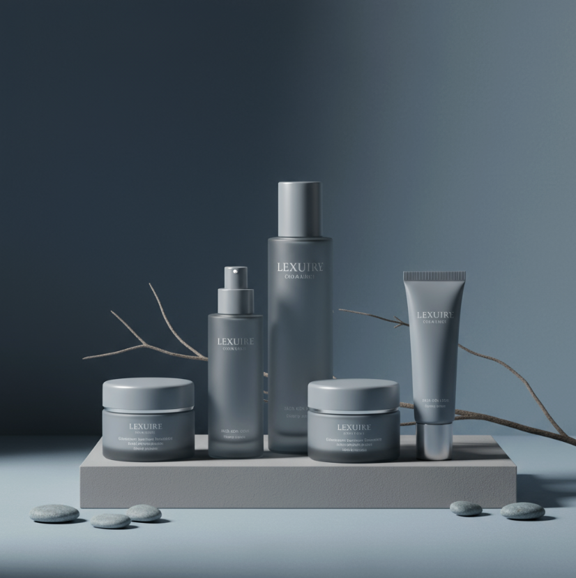 Prodotti skincare in toni grigio-blu